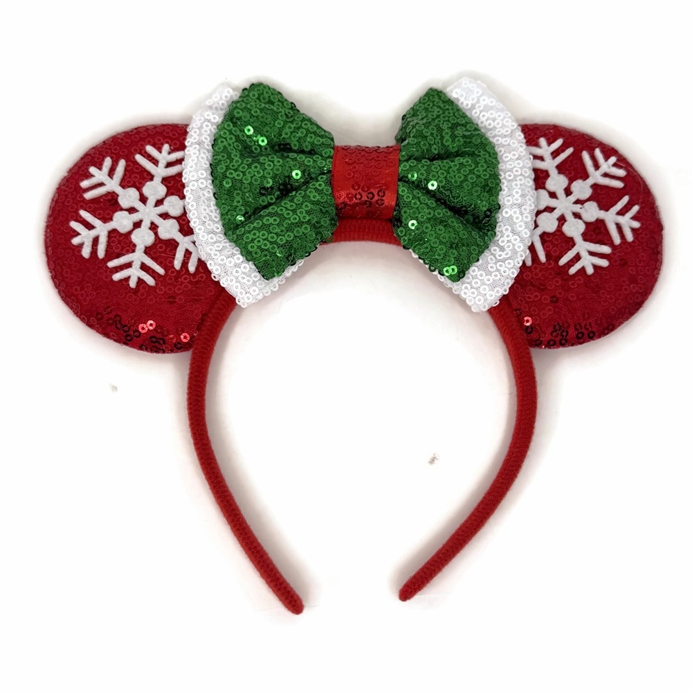 Red Mouse Ears Sequin Headband with Green Sequin Bow Snowflake